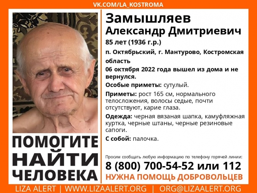 В Костромской области неделю разыскивают 85-летнего пенсионера с палочкой
