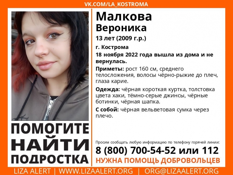 В Костроме ищут 13-летнюю девушку с черно-рыжими волосами