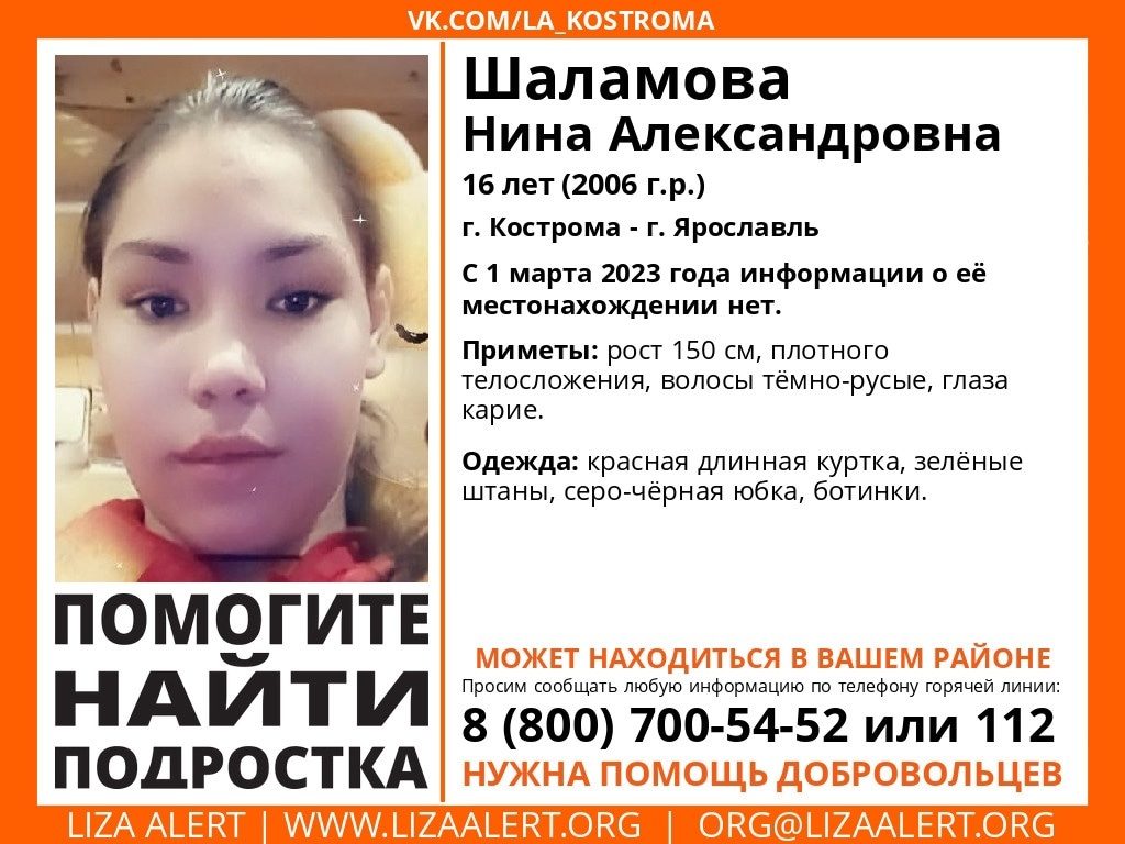 В Костроме ищут 16-летнюю кареглазую девушку
