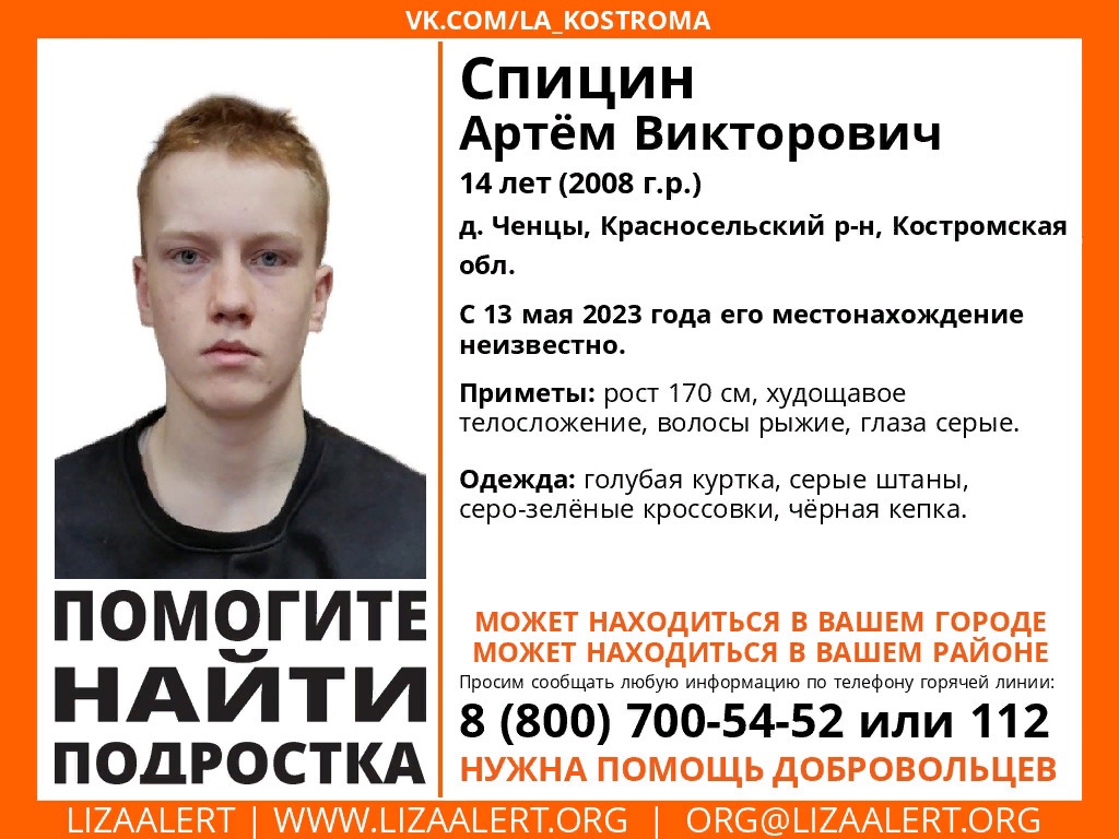 В Костромской области третий день снова ищут 14-летнего подростка с рыжими волосами