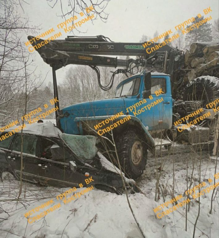 Два человека погибли после столкновения легковушки с лесовозом в Костромской области